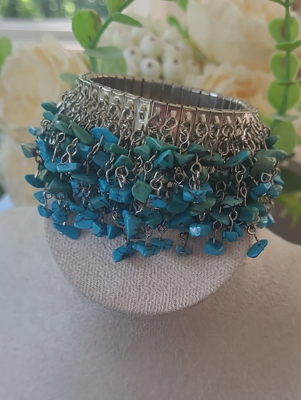 Vintage Boho Turquoise Chip Wide Stretch Panel Cuff Bracelet